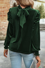 Load image into Gallery viewer, Tie Up Mock Neck Velvet Fabric Long Sleeve Blouse