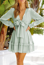 Load image into Gallery viewer, Tied Plunge Smocked Waist Flounce Sleeve Dress