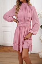 Load image into Gallery viewer, Frill Ruched Mock Neck Balloon Sleeve Dress