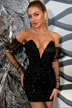 Load image into Gallery viewer, Glitter Ruched Mesh Sleeve Mini Dress
