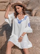 Load image into Gallery viewer, Printed Tie Neck Flounce Sleeve Mini Dress