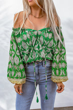 Load image into Gallery viewer, Printed Tassel Tie Balloon Sleeve Blouse