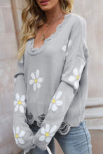 Load image into Gallery viewer, Flower Distressed Ribbed Trim Sweater