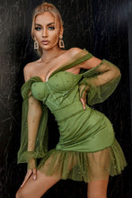 Load image into Gallery viewer, Beaded Off-Shoulder Mesh Sleeve Ruffle Hem Mini Dress