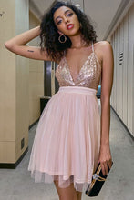 Load image into Gallery viewer, Sequined Plunge Spliced Mesh Backless Dress
