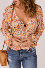 Load image into Gallery viewer, Floral Buttoned Plunge Peplum Blouse