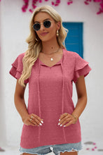 Load image into Gallery viewer, Swiss Dot Tie-Neck Flutter Sleeve Blouse
