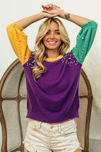 Load image into Gallery viewer, BiBi Color Block Pearl Detail Round Neck Sweater