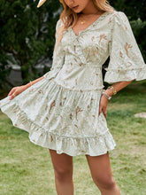 Load image into Gallery viewer, Printed Frill Trim Lace-Up Flare Sleeve Mini Dress