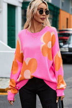 Load image into Gallery viewer, Flower Round Neck Dropped Shoulder Sweater