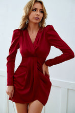 Load image into Gallery viewer, Ruched Puff Sleeve Surplice Tulip Hem Mini Dress