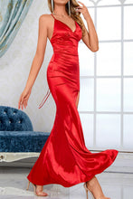 Load image into Gallery viewer, Satin Crisscross Tie Back V-Neck Split Maxi Dress
