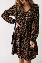 Load image into Gallery viewer, Leopard V-Neck Balloon Sleeve Tiered Dress