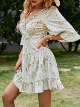 Load image into Gallery viewer, Printed Frill Trim Lace-Up Flare Sleeve Mini Dress