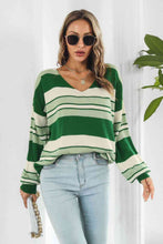 Load image into Gallery viewer, Striped V-Neck Dropped Shoulder Sweater