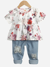 Load image into Gallery viewer, Girls Floral Peplum Blouse and Spliced Lace Jeans Set