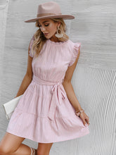 Load image into Gallery viewer, Tie-Waist Ruched Frill Trim Tiered Mini Dress