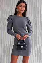 Load image into Gallery viewer, Button-Cuff Puff Sleeve Ribbed Dress