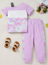 Load image into Gallery viewer, Girls Color Block Printed Cold-Shoulder Tee and Joggers Set