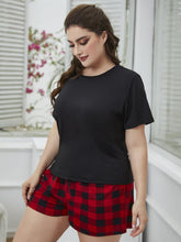 Load image into Gallery viewer, Plus Size Round Neck Tee Shirt and Plaid Shorts Lounge Set