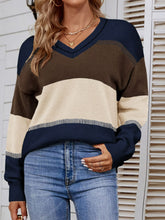 Load image into Gallery viewer, Color Block V-Neck Dropped Shoulder Tunic Sweater
