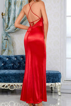Load image into Gallery viewer, Satin Crisscross Tie Back V-Neck Split Maxi Dress