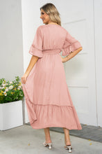 Load image into Gallery viewer, V-Neck Flounce Sleeve Smocked Waist High Slit Dress