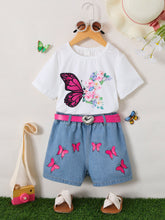 Load image into Gallery viewer, Butterfly Graphic Top and Belted Denim Shorts Set