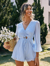 Load image into Gallery viewer, Swiss Dot Cutout Drawstring Detail Ruffle Hem Romper