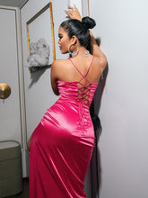 Load image into Gallery viewer, Lace-Up Satin Cropped Cami and Ruched Slit Skirt Set