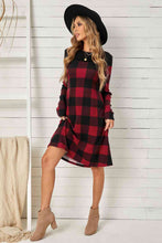 Load image into Gallery viewer, Plaid Round Neck Long Sleeve Mini Dress