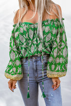 Load image into Gallery viewer, Printed Tassel Tie Balloon Sleeve Blouse