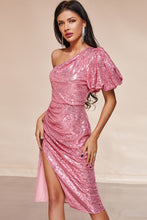 Load image into Gallery viewer, Sequin One-Shoulder Ruched Split Dress