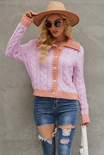 Load image into Gallery viewer, Contrast Collared Neck Cable-Knit Cardigan