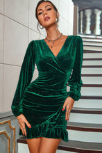 Load image into Gallery viewer, Glitter Ruched Ruffle Hem Surplice Mini Velvet Dress