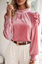 Load image into Gallery viewer, Tie Up Mock Neck Velvet Fabric Long Sleeve Blouse
