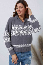 Load image into Gallery viewer, Zip-Up Geometrical Pattern Pullover Sweater