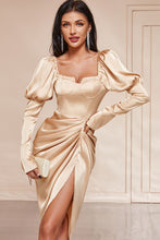 Load image into Gallery viewer, Ruched Lantern Sleeve Slit Satin Dress