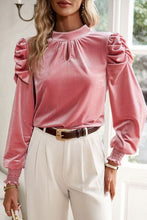 Load image into Gallery viewer, Tie Up Mock Neck Velvet Fabric Long Sleeve Blouse