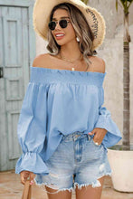 Load image into Gallery viewer, Off-Shoulder Flare Sleeve Smocked Neck Blouse