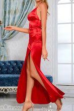 Load image into Gallery viewer, Satin Crisscross Tie Back V-Neck Split Maxi Dress