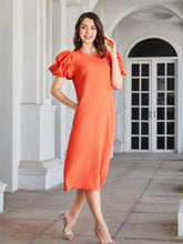 Load image into Gallery viewer, Round Neck Bubble Sleeve Straight Hem Midi Dress