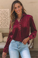 Load image into Gallery viewer, Notched Neck Buttoned Long Sleeve Velvet Blouse