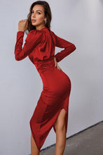 Load image into Gallery viewer, Ruched Tulip Hem Puff Sleeve Plunge Satin Dress