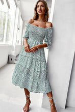 Load image into Gallery viewer, Ditsy Floral Off-Shoulder Smocked Midi Dress