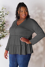 Load image into Gallery viewer, Double Take Half Button Long Sleeve Ruffle Hem Blouse