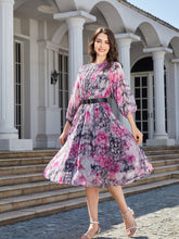 Load image into Gallery viewer, Floral Print Round Neck Balloon Sleeve Midi Dress