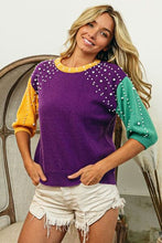 Load image into Gallery viewer, BiBi Color Block Pearl Detail Round Neck Sweater