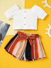 Load image into Gallery viewer, Girls Ribbed Top and Striped Belted Shorts Set
