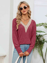 Load image into Gallery viewer, Lace Detail V-Neck Ribbed Blouse